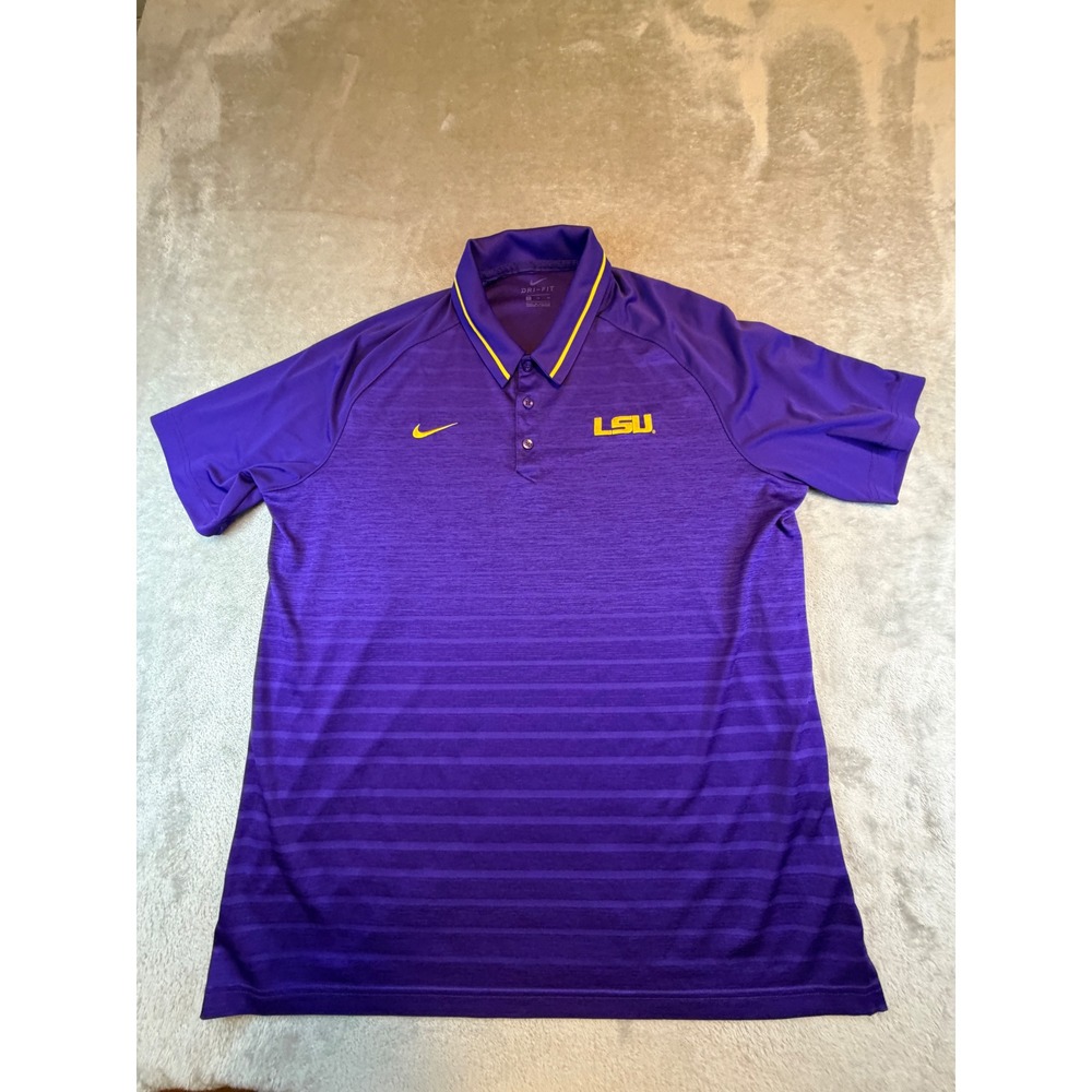 Nike LSU Tigers Polo Mens XL Purple Dri-FIT Striped Short Sleeve